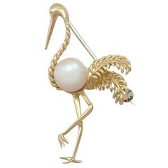 1950s Cultured Pearl Yellow Gold 'Flamingo' Brooch 9