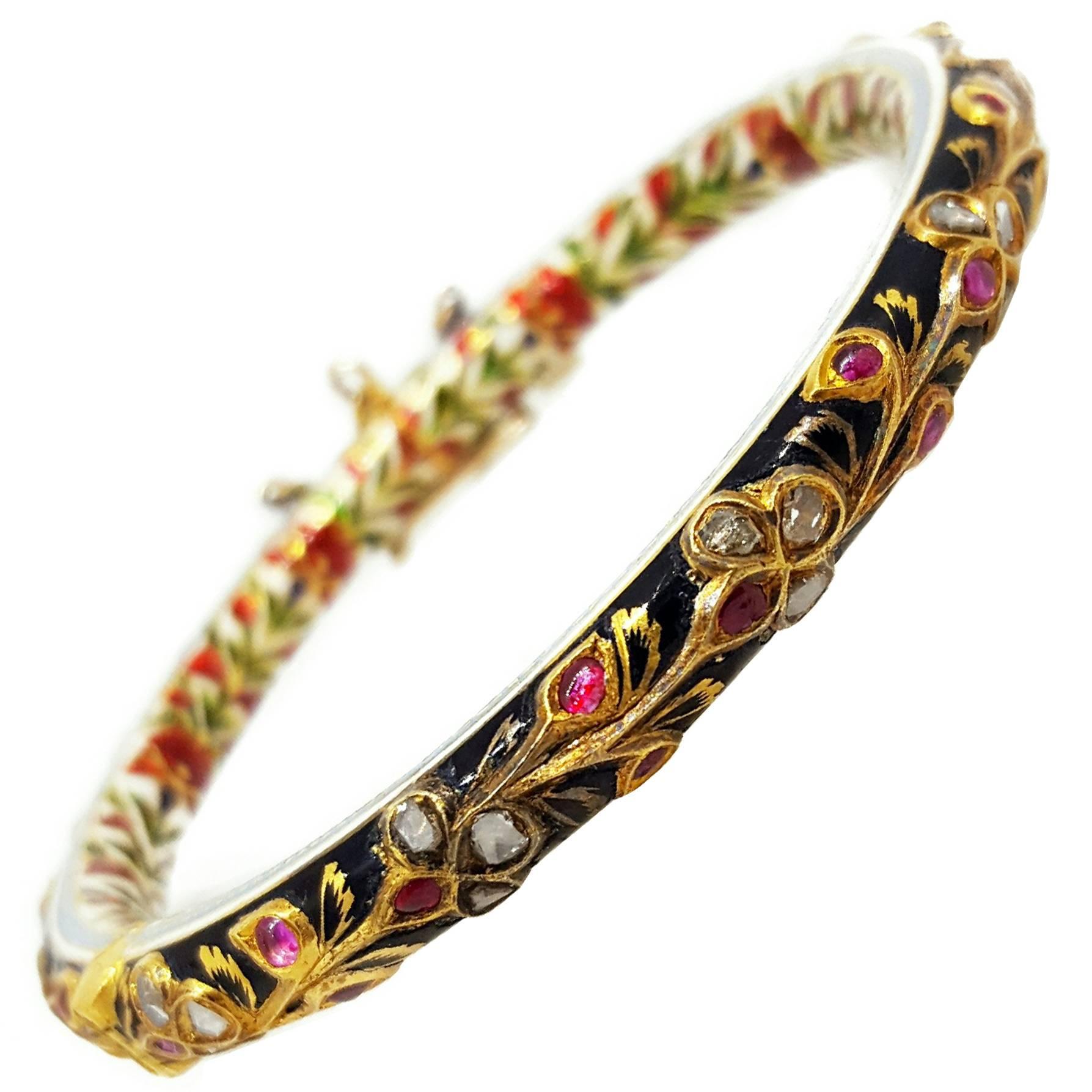 Mughal Gold, Diamond, Ruby and Enamel Bangle