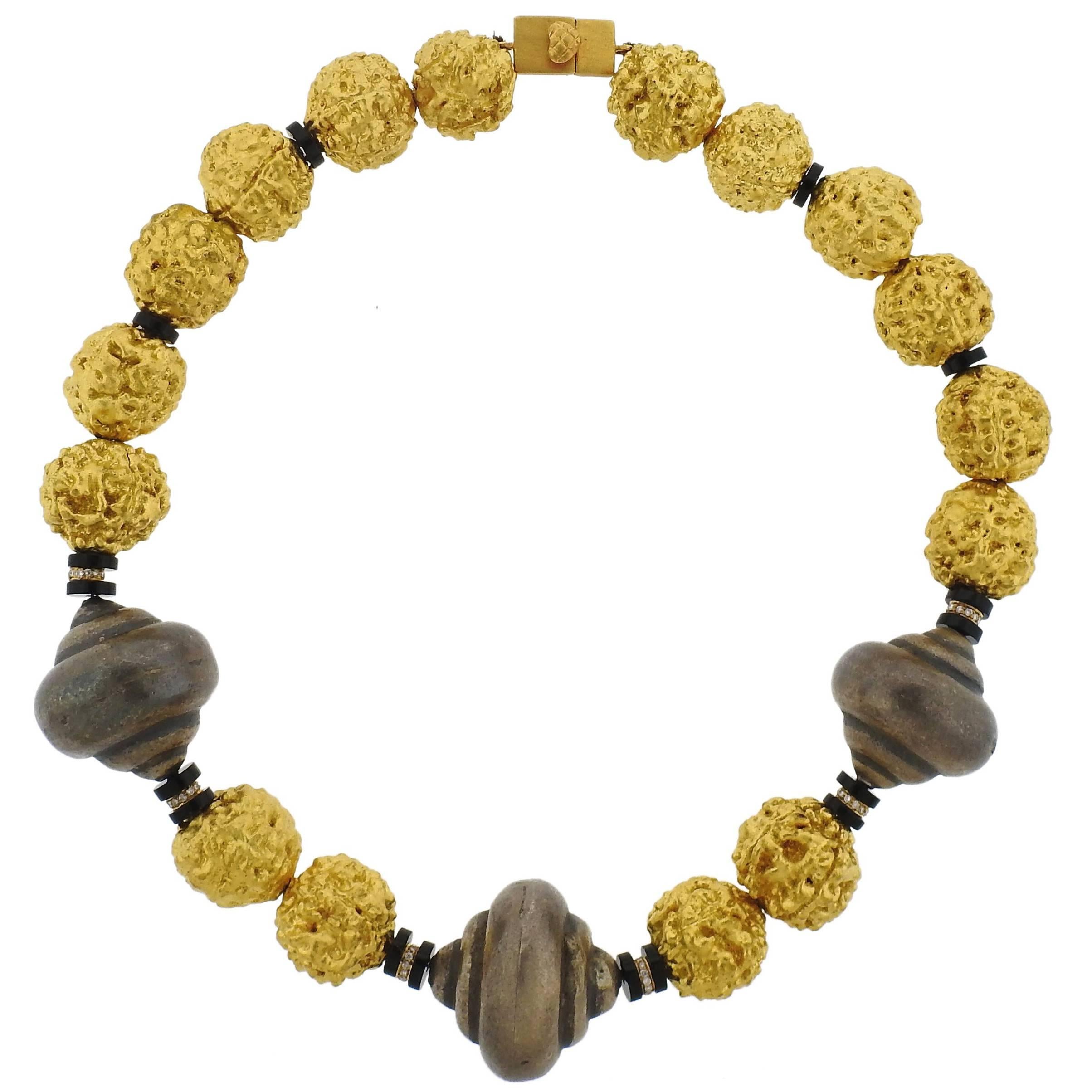 Lotus Art de Vivre Hindu Prayer Bead Gold Diamond Onyx Necklace