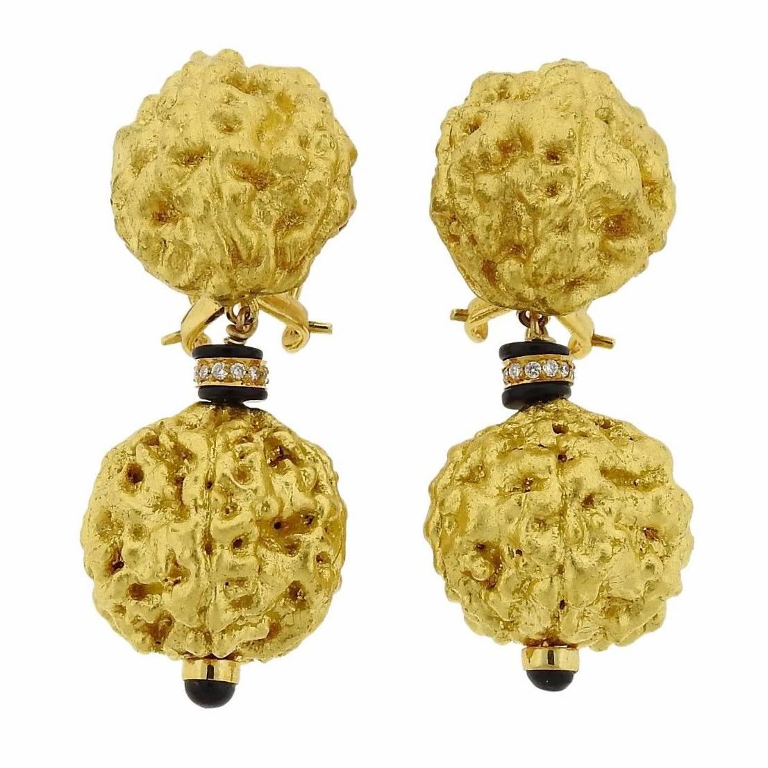 Lotus Arts de Vivre Gold Diamond Onyx Drop Earrings