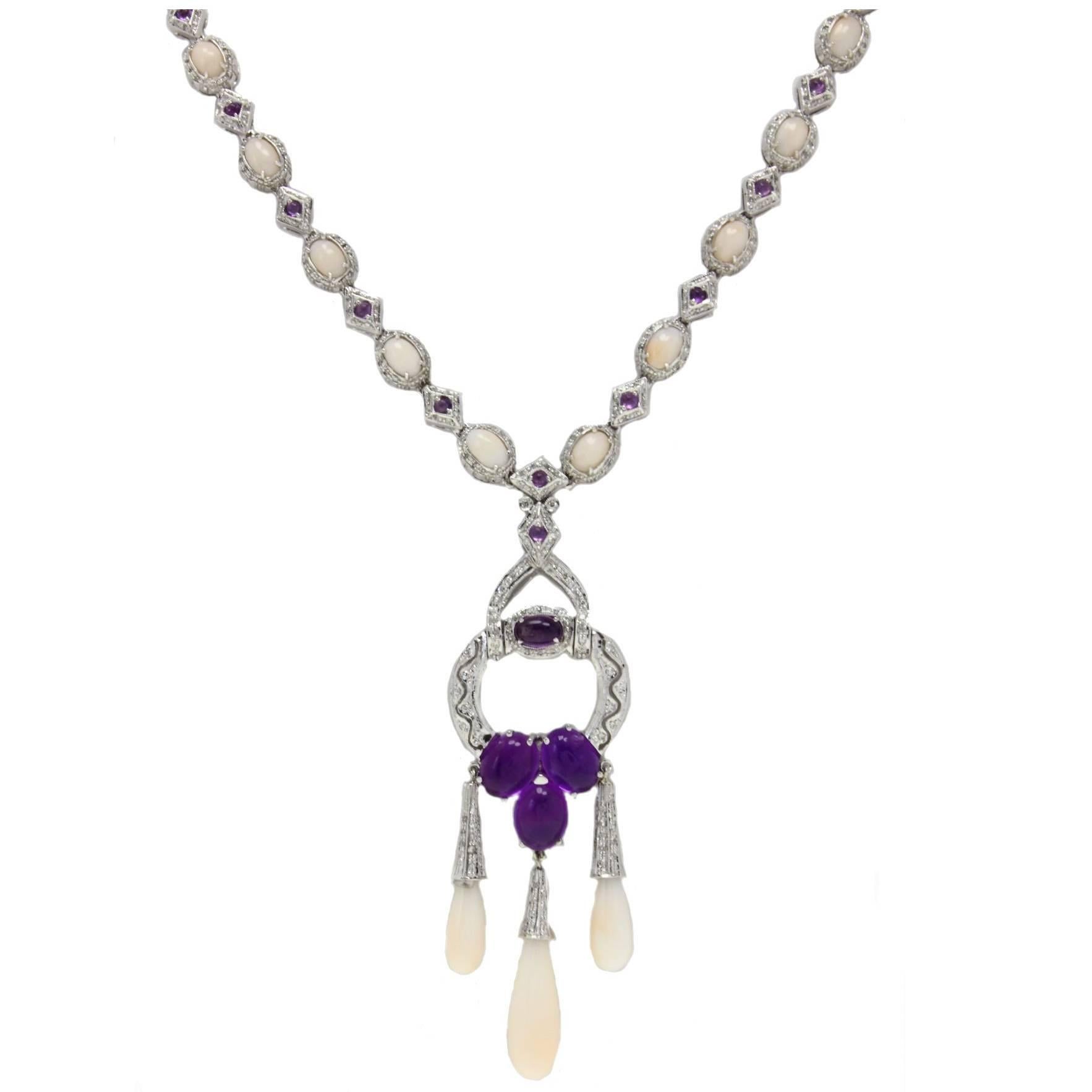 Diamonds, Amethysts, Pink Coral  Buttons and Drops, White Gold Link Retrò Necklace