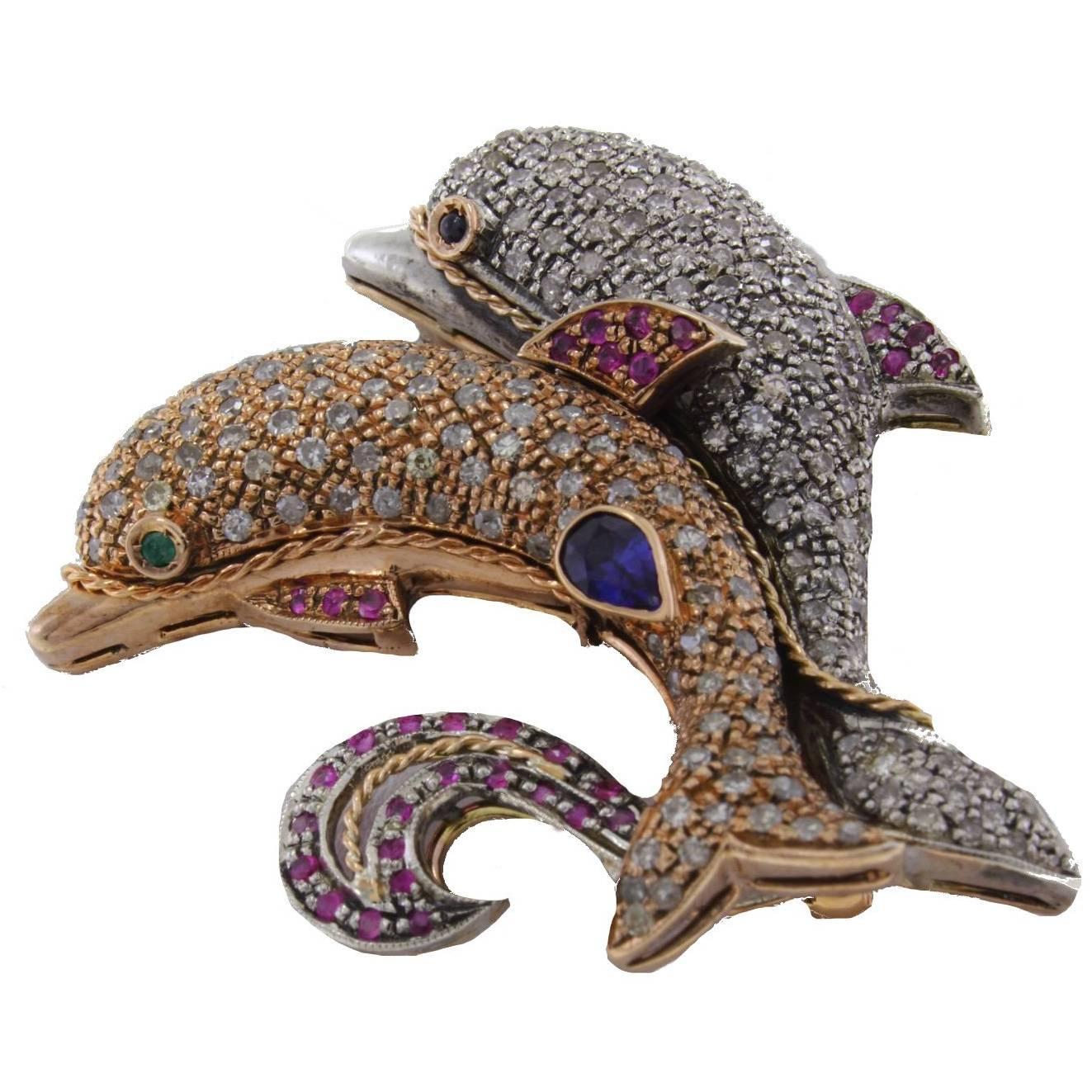  KT 1, 25 Ruby Sapphire KT 3, 60 Diamond Gold and Silver Dolphins Brooch Pendant