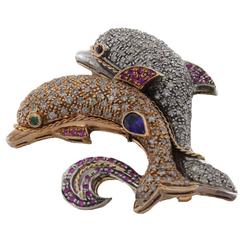 Luise Ruby Sapphire Diamond Silver Gold Dolphins Brooch Pendant 9