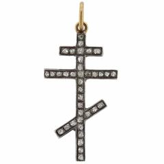 Antique Gold Silver Rose Cut Diamond Orthodox Cross Pendant