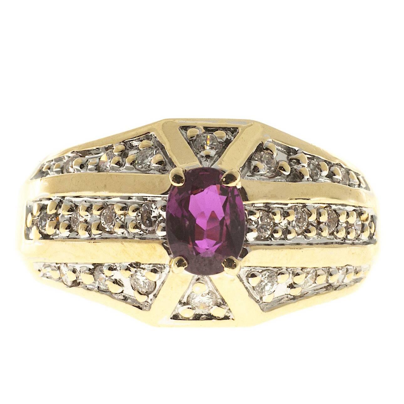 Oval Pink Red Ruby Diamond Bead Set Gold Cocktail Ring