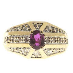 Oval Pink Red Ruby Diamond Bead Set Gold Cocktail Ring