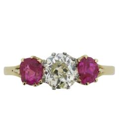 Victorian Old Cut Diamond Ruby Three Stone Ring circa 1880s 5