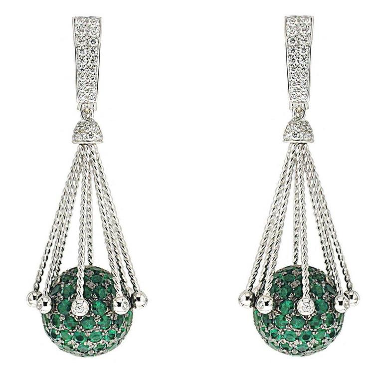 Diamond Pave Ball Dangling Earrings with Emeralds For Sale at 1stdibs