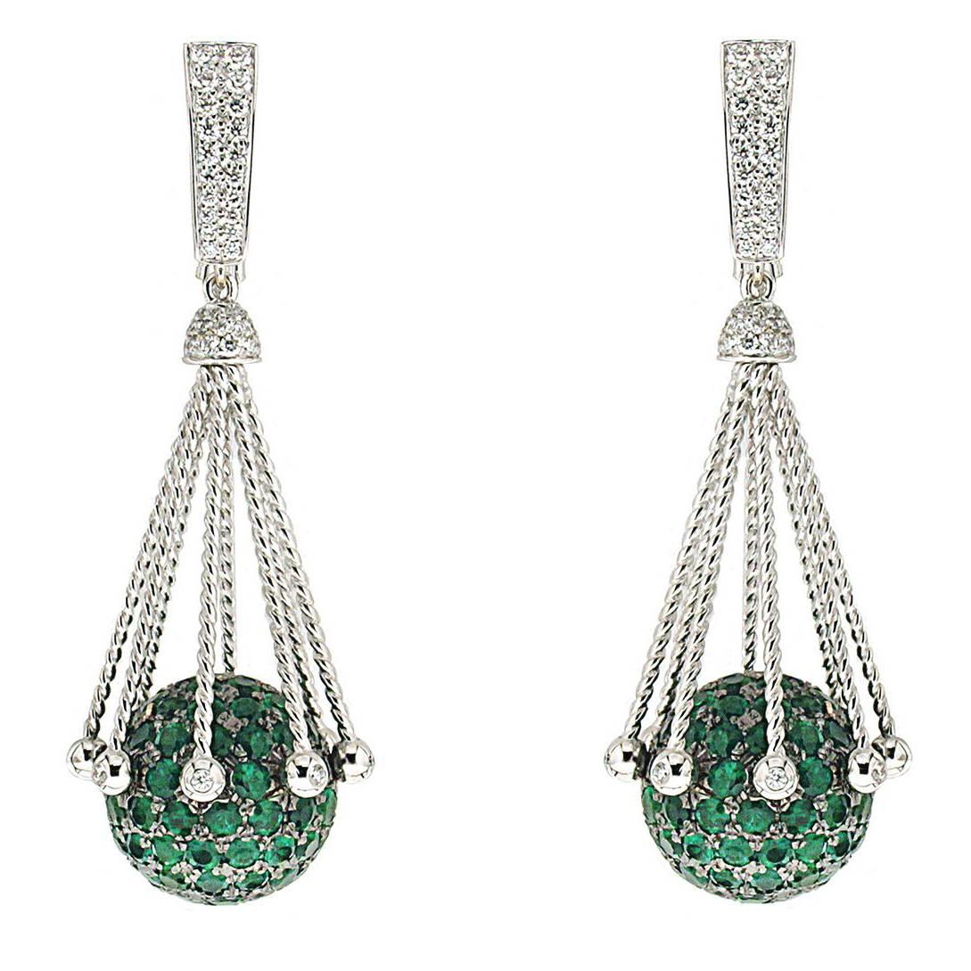 Valentin Magro Diamond Pave Ball Dangling Earrings with Emeralds