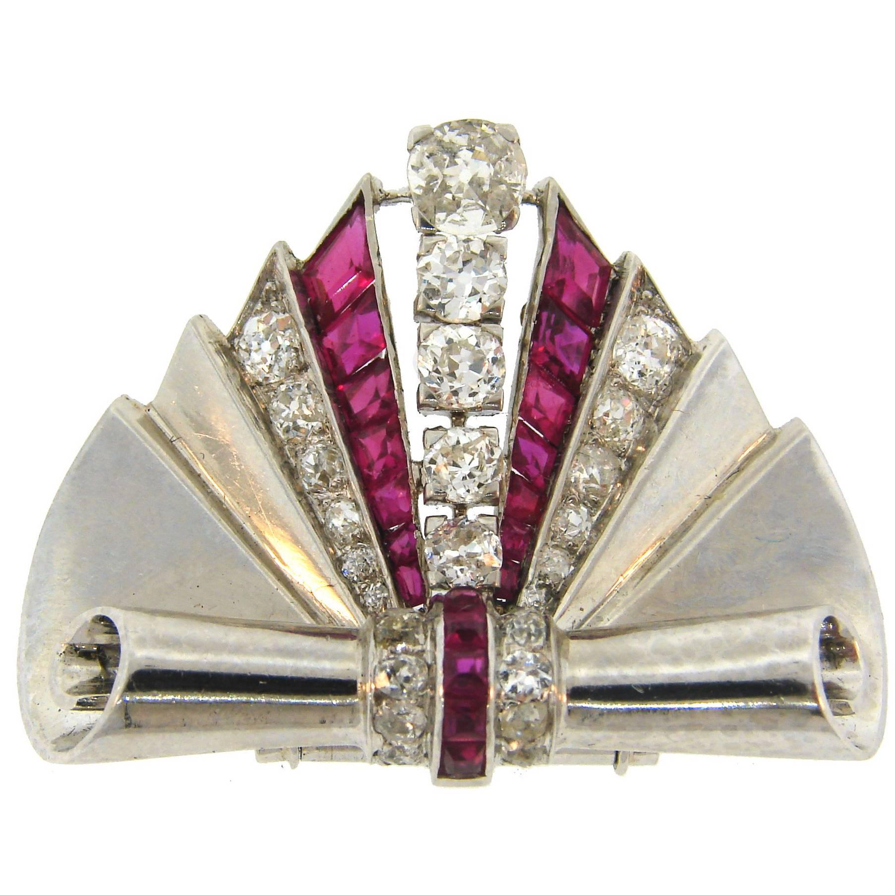 1930s Van Cleef & Arpels Diamond Ruby Platinum Clip Pin Brooch VCA