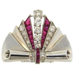 1930s Van Cleef & Arpels Diamond Ruby Platinum Clip Pin Brooch VCA 7