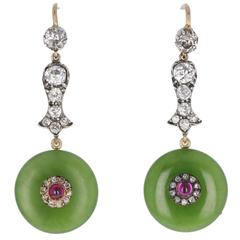 Antique Jadeite Ruby Diamond Drop Earrings 8