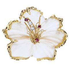 Rock Crystal Ruby Diamond Gold Flower Brooch 5