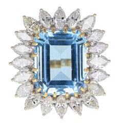 Aquamarine Marquise Cut Diamond Gold Cluster Ring
