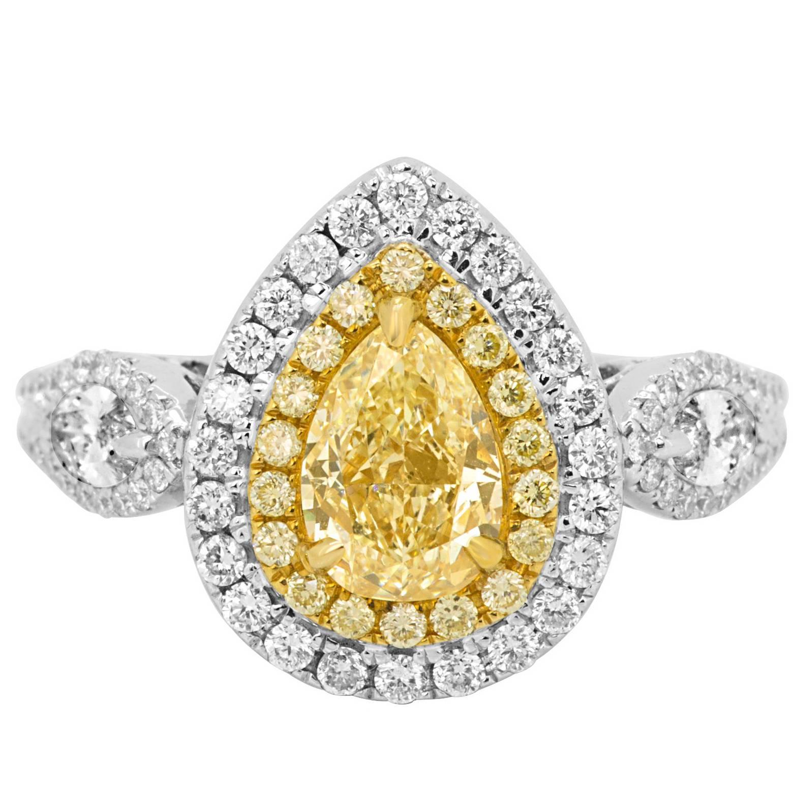 Certified 1.29 Fancy Yellow Diamond Double Halo Two Color Gold Ring