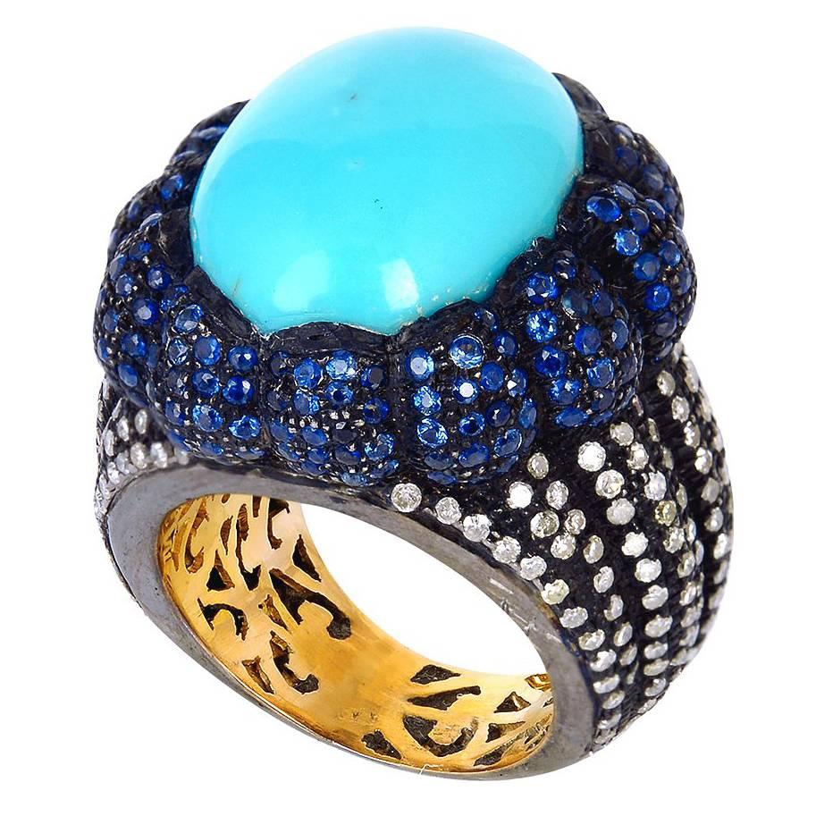 Turquoise Sapphire Diamond Gold Cocktail Ring 