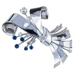 Sapphire Diamond Gold Ribbon Brooch 6