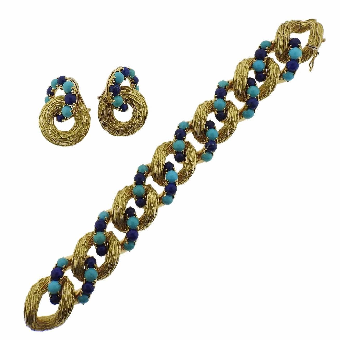 1960s Pomellato Gold Turquoise Lapis Bracelet Earrings Suite