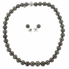 Mikimoto Gold Black South Sea Pearl Diamond White Gold Necklace Earrings Set