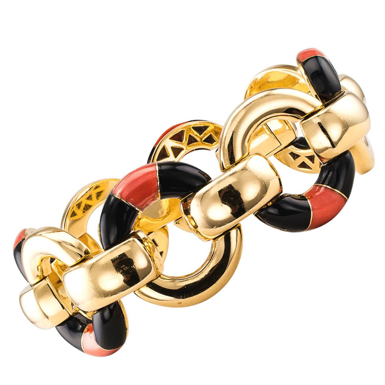 Coral Onyx Gold Link Bracelet