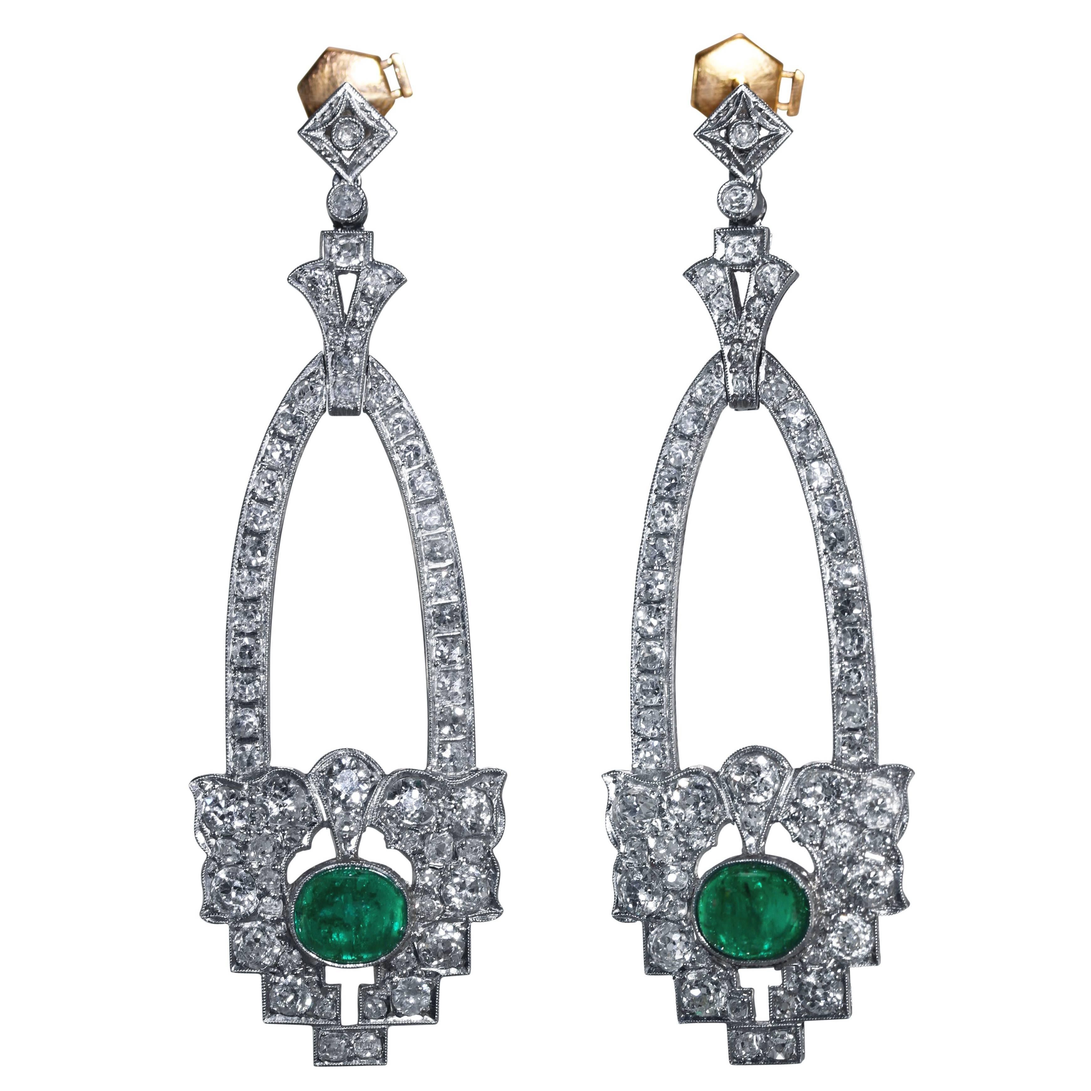 Art Deco Emerald, Diamond and Platinum Pendant Earrings