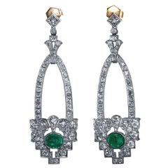 Antique Art Deco Emerald, Diamond and Platinum Pendant Earrings