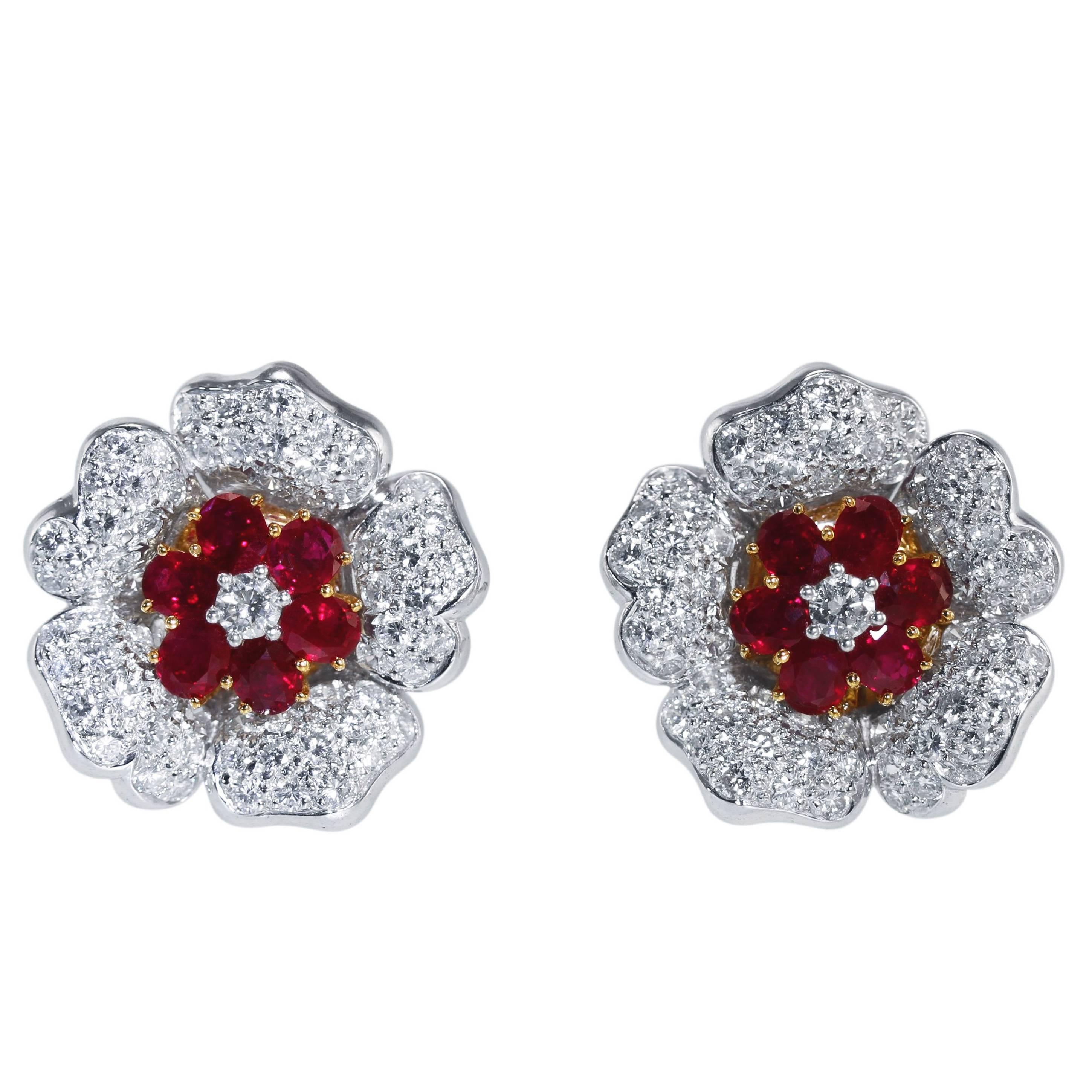 Ruby Diamond Platinum and Gold Flower Earclips