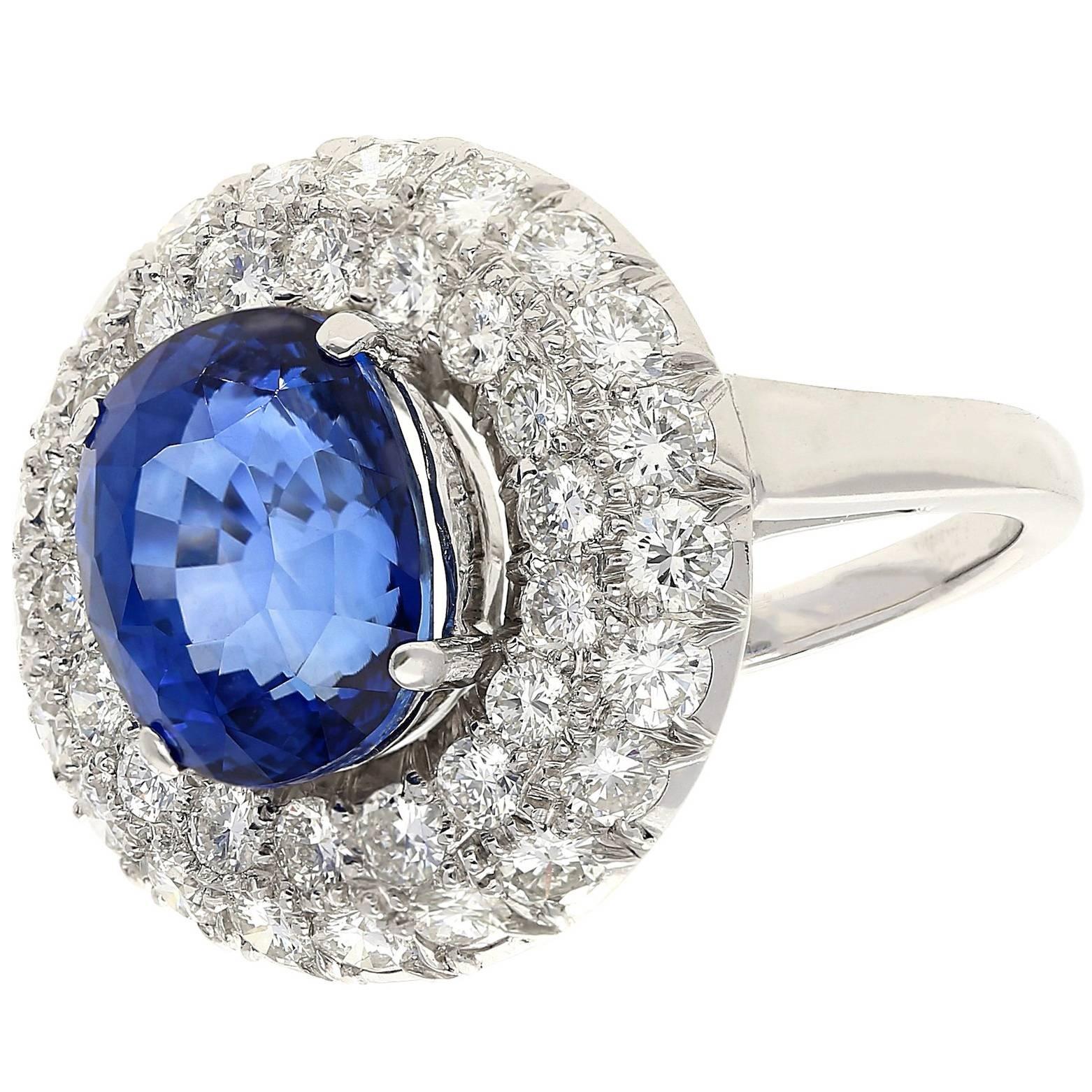 6.02 Carat Oval Cut Ceylon Sapphire Diamond Platinum Cluster Ring