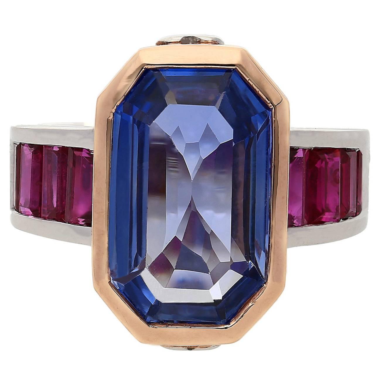 6.79 Carat Emerald Cut Ceylon Sapphire Diamond Ruby Gold Cocktail Ring