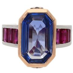6.79 Carat Emerald Cut Ceylon Sapphire Diamond Ruby Gold Cocktail Ring