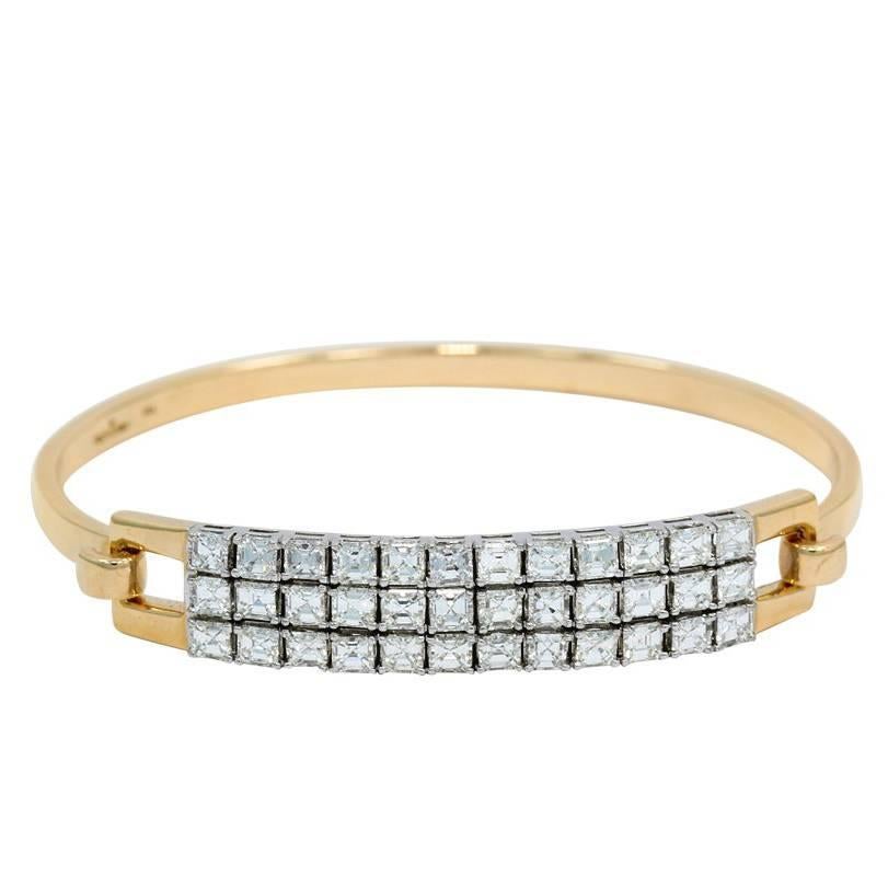 White and Yellow Gold Asscher Cut Diamonds Bangle Bracelet For Sale