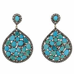 Impressive Gold Silver Rose Cut Diamond Turquoise Large Drop Earrings
