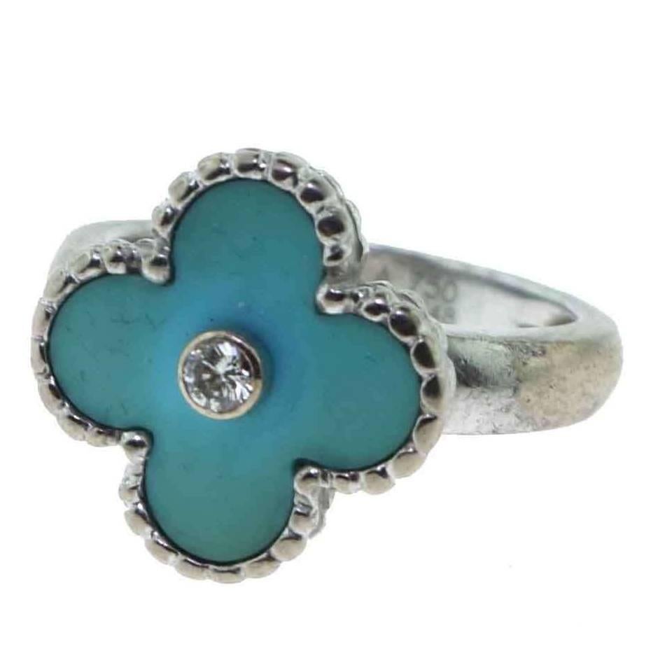Van Cleef & Arpels Vintage Alhambra Turquoise Ring with Diamond For Sale