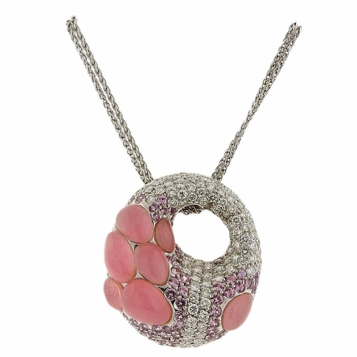 Porrati Gold Diamond Pink Sapphire Gemstone Pendant Necklace