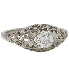 Antique Romantic 1920s Platinum Filigree Diamond Engagement Ring .50 Carat J/SI1