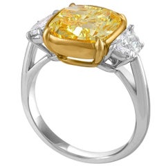 5.04 Carat Cushion Cut GIA Fancy Intense Yellow Diamond Gold Platinum Ring 