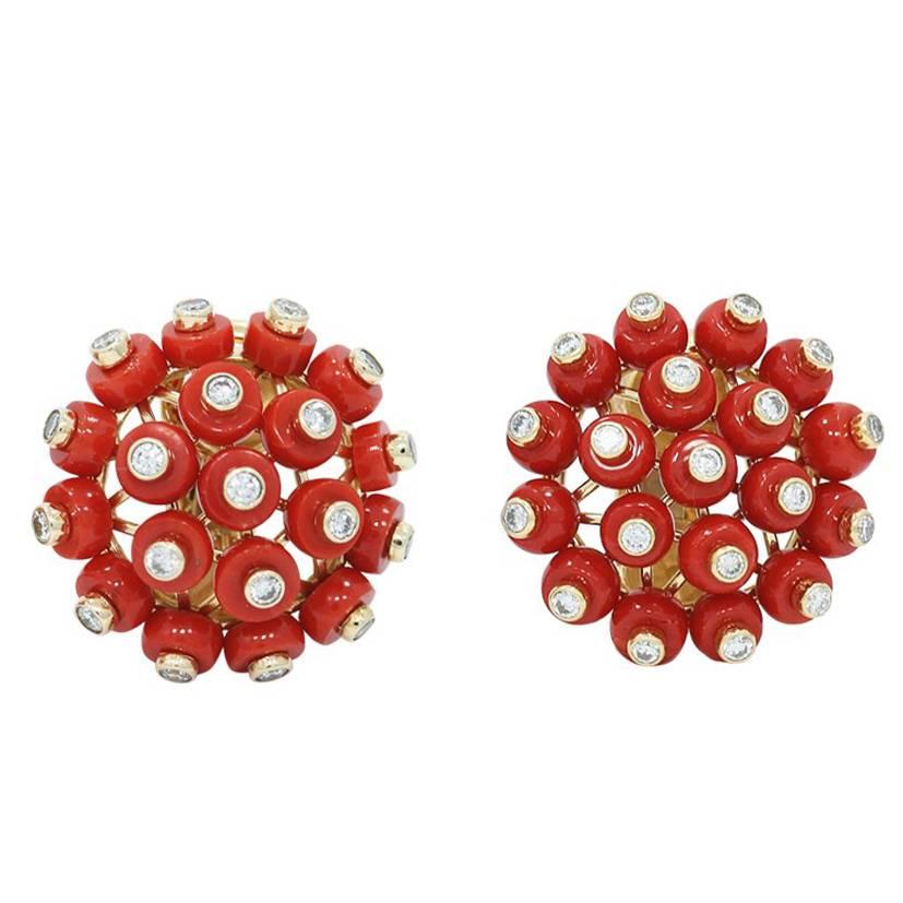 Mediterranean Coral Yellow Gold Earrings  For Sale