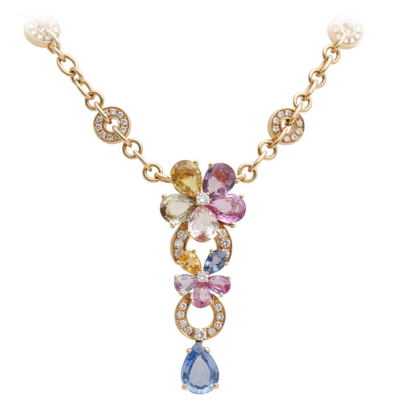 Bulgari BVLGARI Multicolor Sapphire Diamond Gold Flower Necklace For Sale