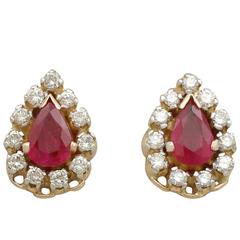 Vintage 1980s 1.20 Carat Ruby Diamond Yellow Gold Cluster Earrings