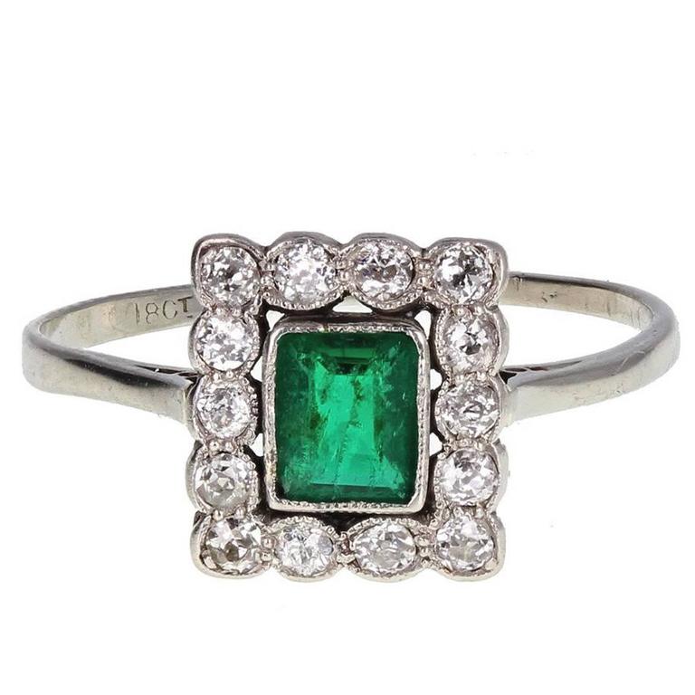 Art Deco Square Emerald Diamond White Gold Cluster Ring For Sale at 1stdibs