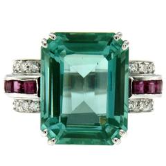 1940 Rare 9ct Aquamarine Ruby Diamonds Gold Ring