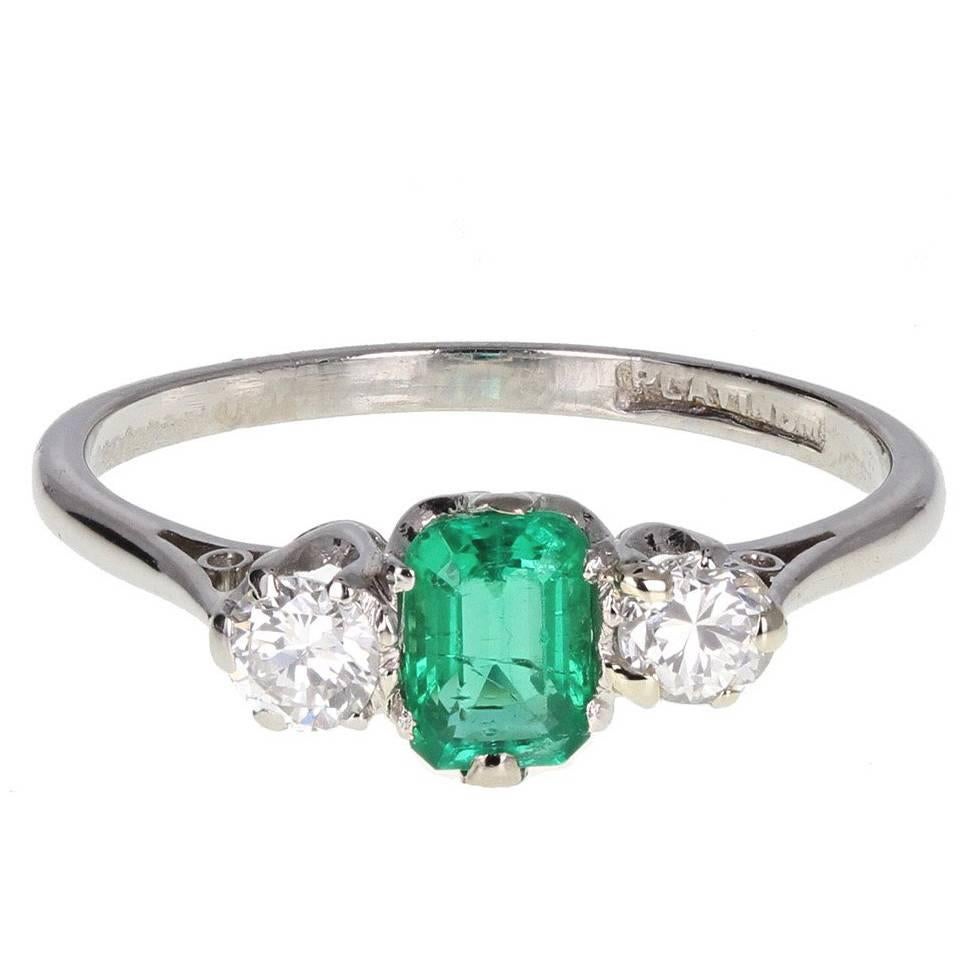 Emerald Diamond Platinum Three Stone Ring