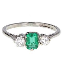 Emerald Diamond Platinum Three Stone Ring 1