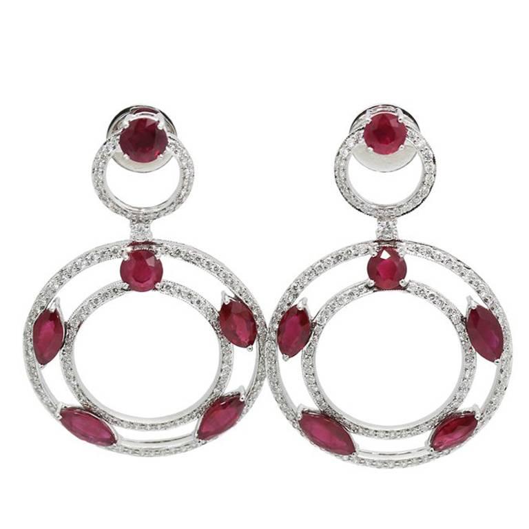 Ruby Diamond White Gold Dangle Earrings For Sale
