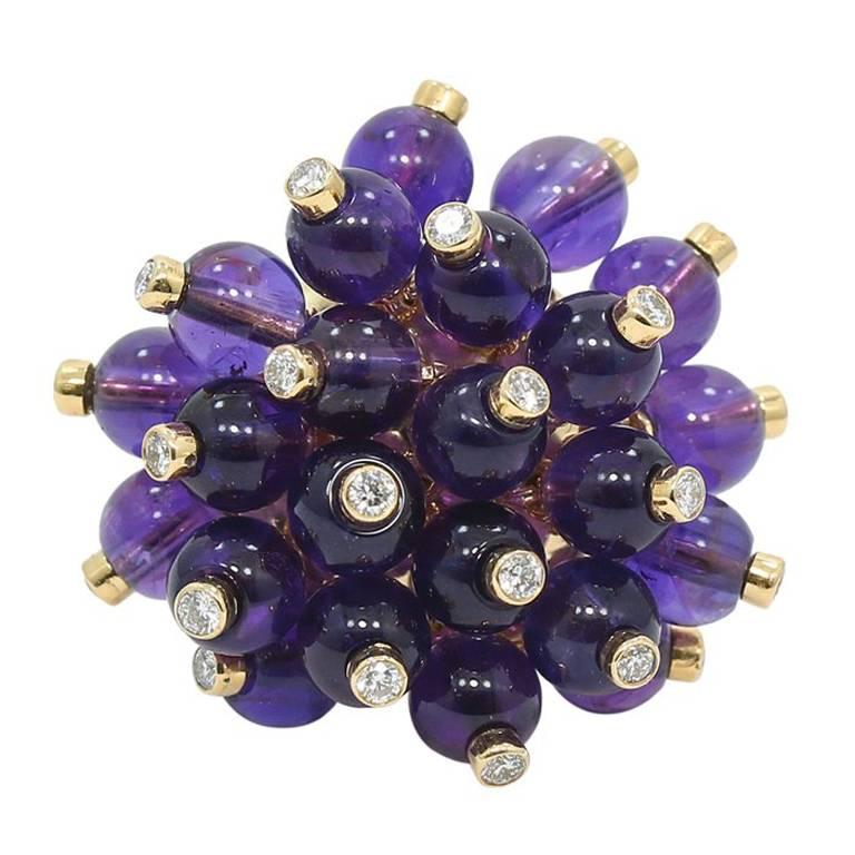 Amethyst Yellow Gold Beaded Ring For Sale