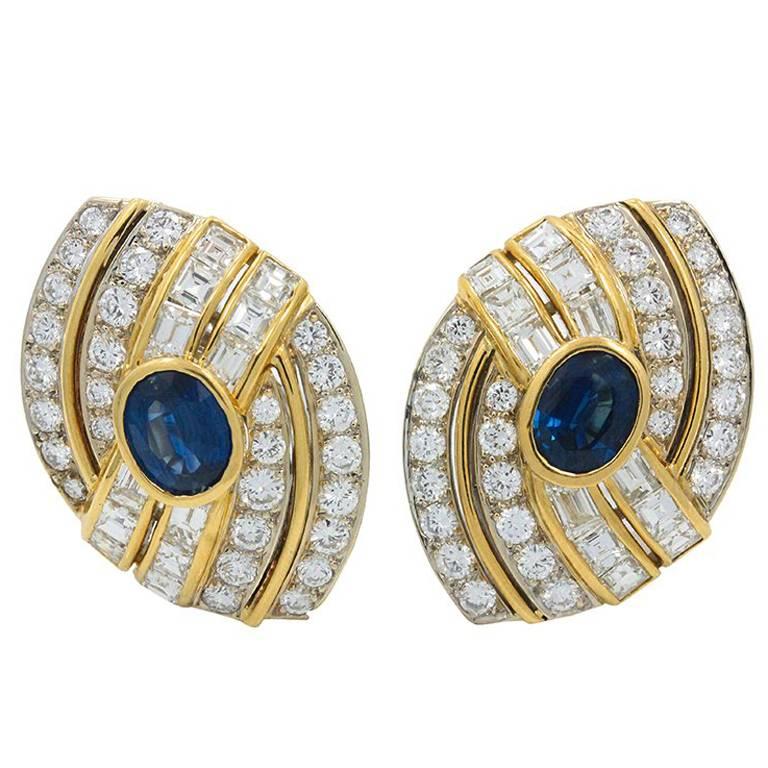 Sapphire Diamond Yellow and White Gold Earrings For Sale