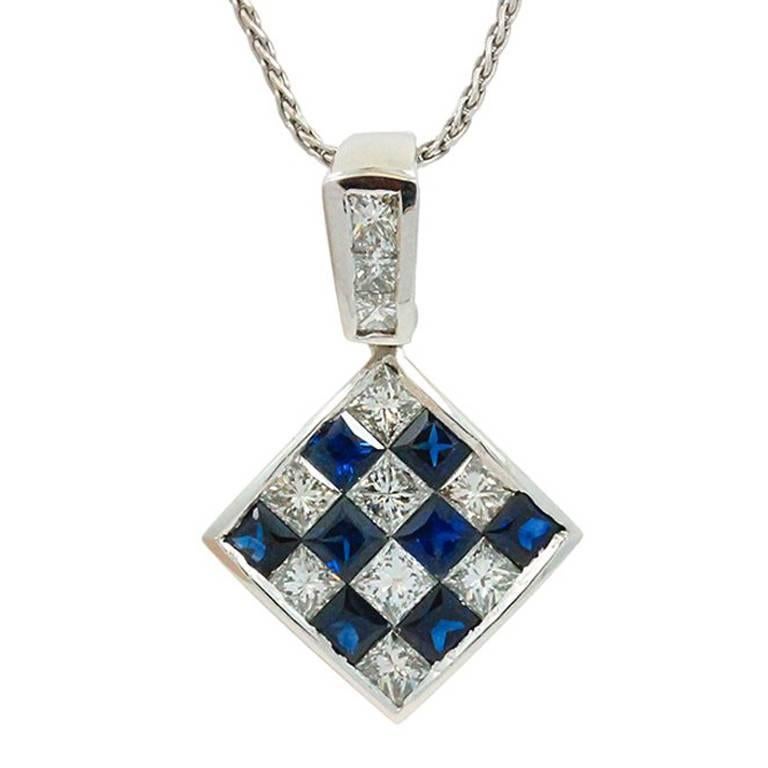 Sapphire Diamond White Gold Square Pendant For Sale