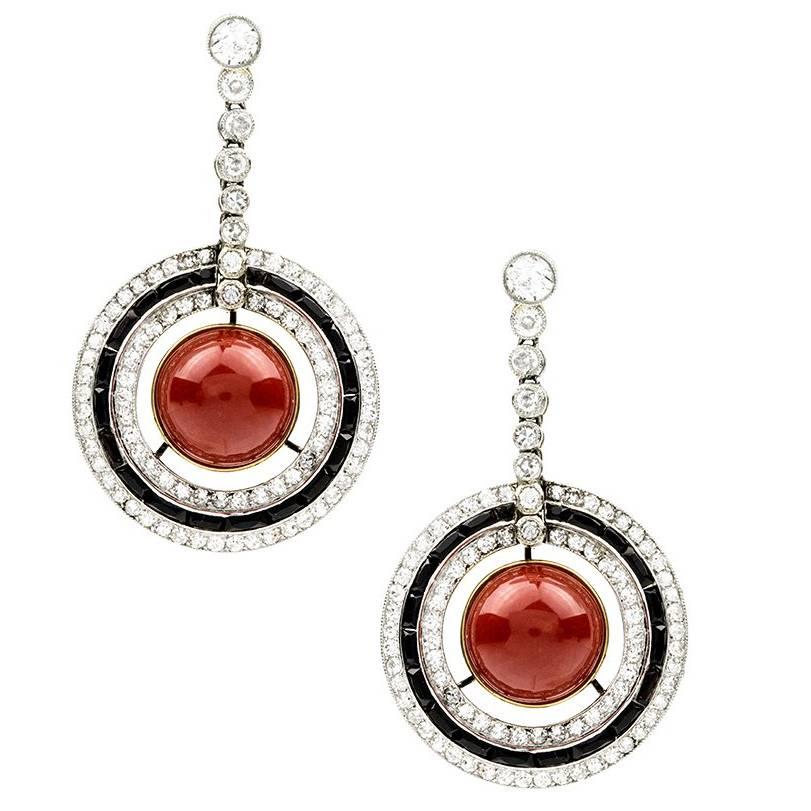 Art Deco Coral Onyx and Diamond Earpendants