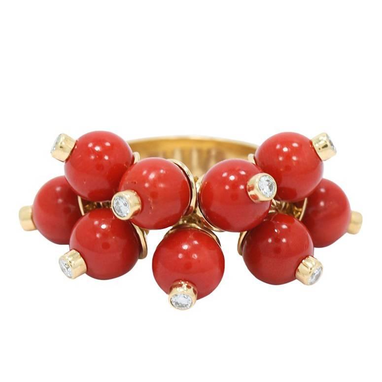 Mediterranean Coral Diamond Yellow Gold Beaded Ring For Sale
