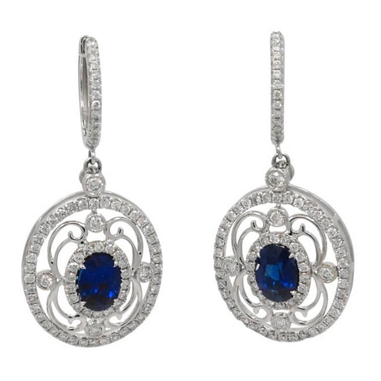 Oval Sapphire Diamond White Gold Earrings For Sale